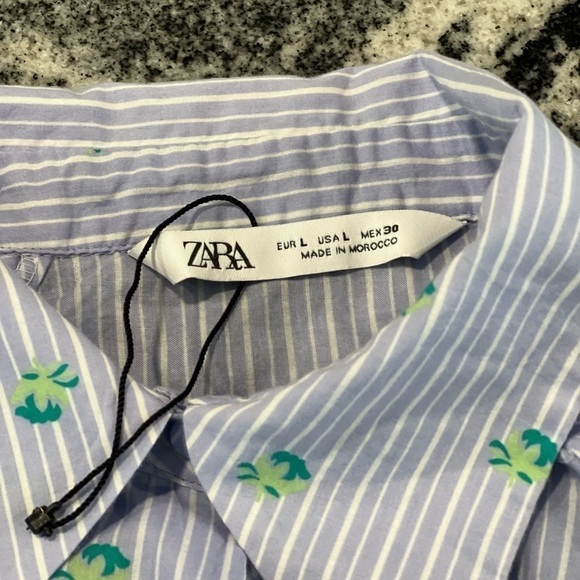 Zara Cotton, Button Down Striped Shirt with Floral Print and Puffy Sleeves - Picture 6 of 10